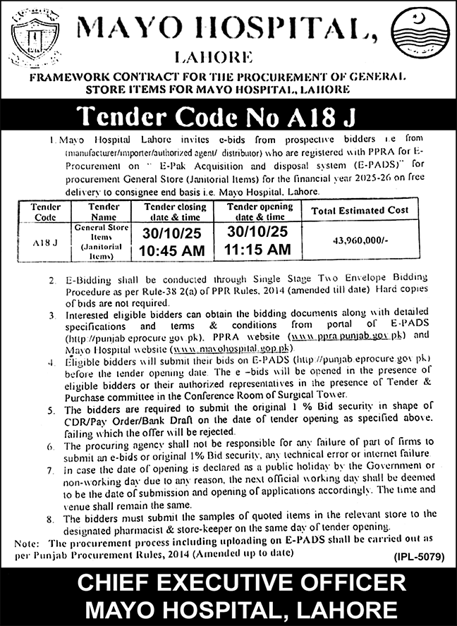 Mayo Hospital Lahore Tender Notice